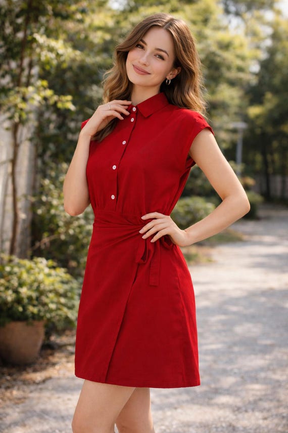red casual dress near me Linen Wrap Mini Dress, Sleeveless Button-Front Shirt, Summer Chic Outfit Composition:Shell: (Net Fabric 100% Nylon) 
Lining: (Woven Fabric 100% cotton) Anniversary dinner dress Mermaid Two Piece Beach Cute inspired rust red linen