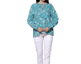 Teal Floral Cotton Tunic Top, Long Sleeve Boho Blouse