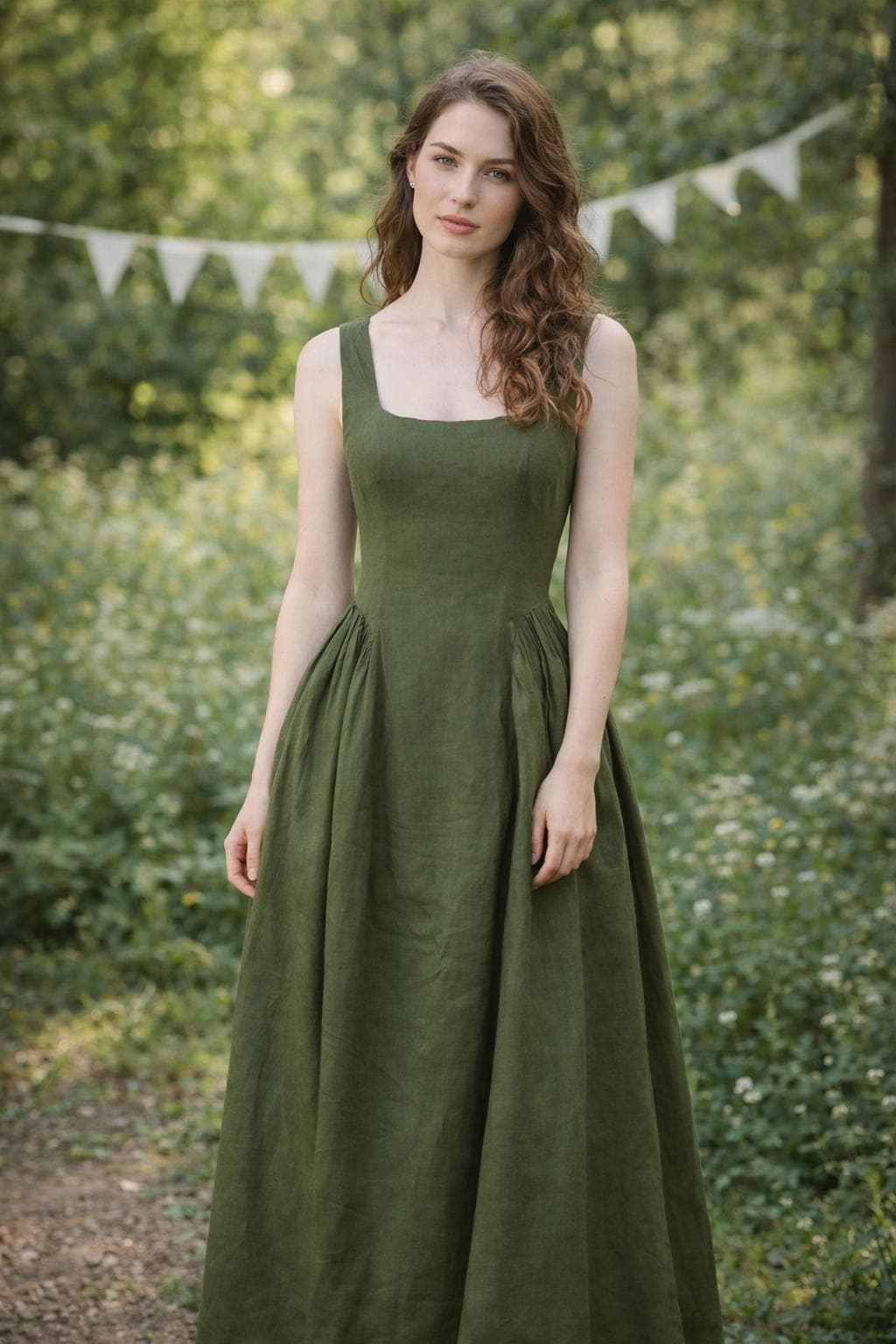 olive green dress women Linen Maxi Dress, Sleeveless Square Neck Dress, Women's Boho Summer Dress, Cottagecore Outfit, Handmade Clothing trend:ST Vday