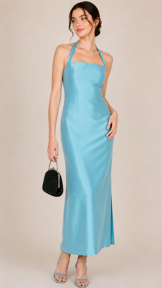 Sky Blue Silk Dupioni Halter Maxi Dress, Elegant Backless Evening Gown, Handmade Formal Dress, Wedding Guest Outfit, Bridesmaid Dress