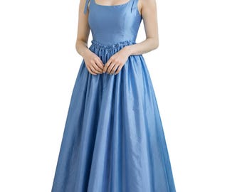 Elegant Blue Taffeta Maxi Dress for Women, Sleeveless Formal Evening Gown, Princess A-Line Prom Dress
