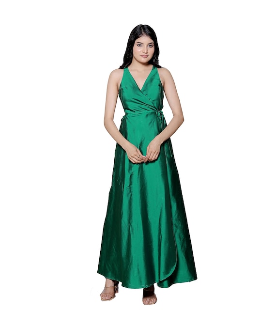 Emerald Green Taffeta Maxi Dress, Backless Wrap Gown for Women, Elegant Evening Dress, Formal Party Dress, Wedding Guest Dress