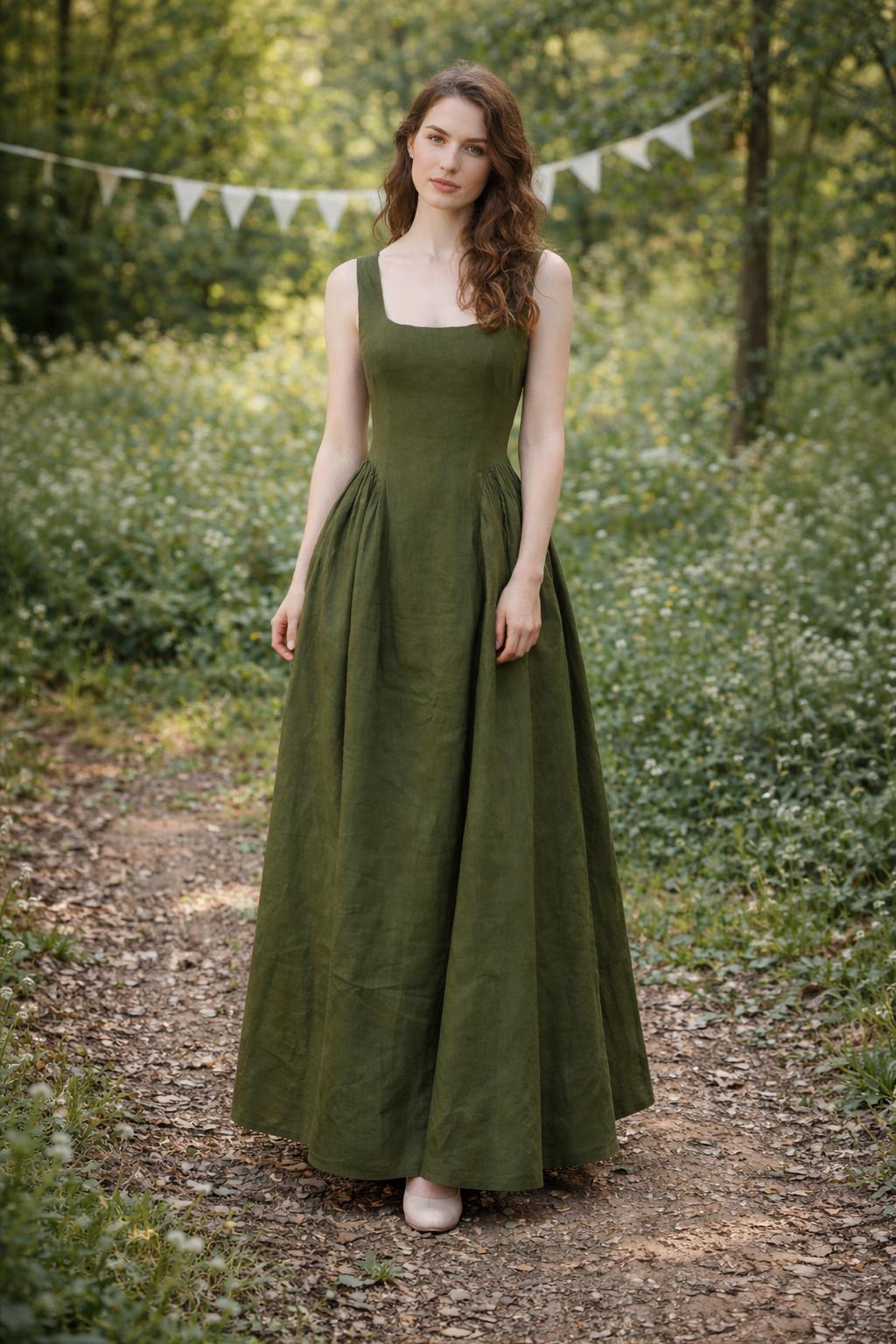 olive green dress womens Linen Maxi Dress, Sleeveless Square Neck Dress, Women's Boho Summer Dress, Cottagecore Outfit, Handmade Clothing formal olive dress