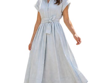 Blue Linen Midi Dress, Button Down, Belted Summer Shirt Dress, Elegant Minimalist