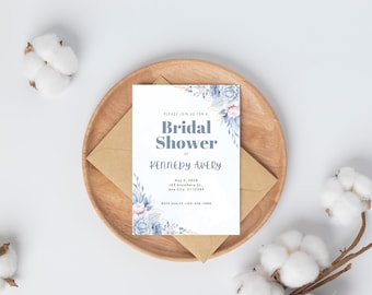 Bridal Shower Invitation Template | Editable Canva Download | Blue Floral Wedding Shower Digital Invite