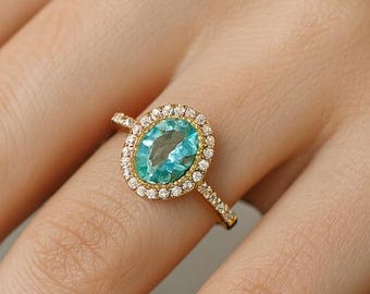Anillo de aguamarina, anillo de halo, anillo ovalado, piedra de nacimiento de marzo, anillo solitario, joyería de aguamarina, anillo de circonita cúbica, anillo de piedra de nacimiento, regalo para ella