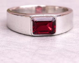 Genuine Red Garnet Signet Ring 925 Sterling Silver, Simple Men's Cushion Red Garnet Gemstone Jewelry, Gift Ring Men,