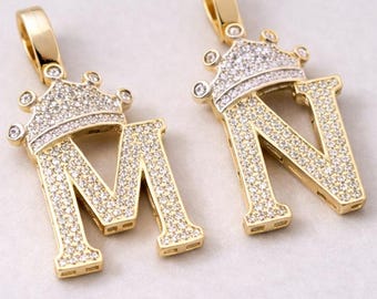 14k Gold Large Crown Initial Pendant - CZ - Silver Pendent 14k Gold - Unisex - 3D  And Valentine Gift.
