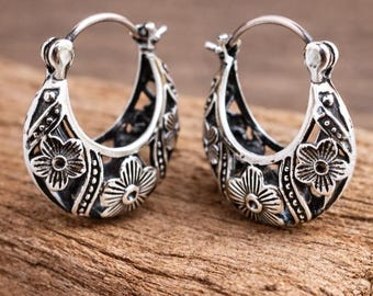 925 Sterling Silver Filigree Hoop Earrings: Engraved Floral Design Christmas Gift