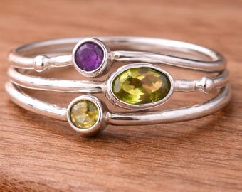 Handmade Sterling Silver Peridot Amethyst Ring: Stackable Wire Wrap Three Band