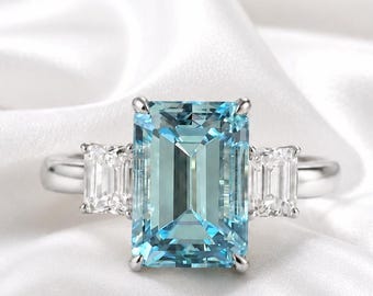 Natural Lab grown aquamarine ring, blue gemstone, engagement ring, emerald cut, sterling silverblue aquamarine