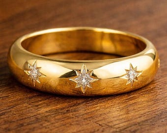 Dome Ring, Gold Plated Dome Ring, Silver Dome Ring, Star Ring, Celestial Jewelry, Gift for Her, Star Dome Ring, Trendy JewelryStacking Ring
