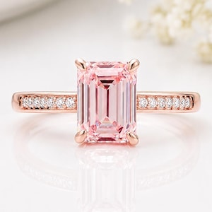 Emerald Cut CZ Engagement Ring, Peach Pink Rose Gold Plated Ring, Rectangular Morganite Bridal Ring,  Blush Stone
