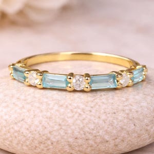14k Yellow Gold Plated Aquamarine and CZ Ring, Baguette Cut Gemstone Band, Dainty Stackable Ring, March Birthstone Jewelry Gift