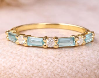 14k Yellow Gold Plated Aquamarine and CZ Ring, Baguette Cut Gemstone Band, Dainty Stackable Ring, March Birthstone Jewelry Gift
