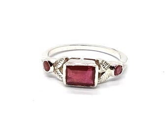 Natural Ruby Ring ,Sterling Silver Engagement Ring ,Natural Sterling Silver Emerald Cut Ring Natural Ruby Ring  Christmas Gift Friend Gift .