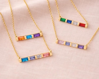 Baguette Birthstone Necklace, Family Birthstone Necklace, Personalized Gift, Mother's Birthstone Jewelry, Mothers Day Gift, Gift For Her