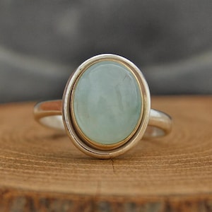 Ovale sterlingzilveren ring aquamarijn: tweekleurige vergulde statement sieraden kerstcadeau vriend sieraden.