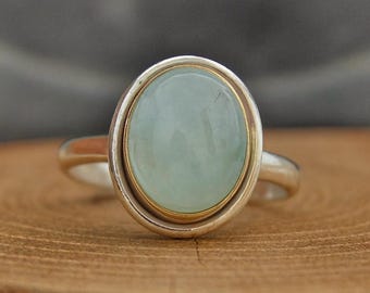 Oval Aquamarine Sterling Silver Ring: Two Tone Gold Plated Statement Jewelry Christmas Gift Friend Jewellery.
