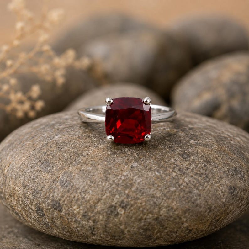 May include: A silver ring featuring a large, square-cut, deep red gemstone. The gemstone is set with four prongs, and the ring is displayed on a gray stone, with other stones in the background. The ring is a piece of jewelry.