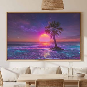 May include: A rectangular wall art print featuring a synthwave-style landscape with a glowing pink sun setting over a calm ocean. A single palm tree stands on a small island in the foreground, set against a starry purple sky and a digital grid floor.