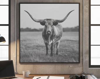Longhorn Cattle Black White Photo Print - Western Wall Art