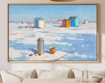 Winter Lake Ice Fishing Canvas Art - Midwest Landscape Print