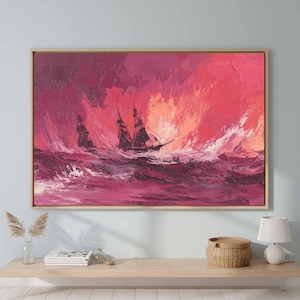 Lienzo abstracto con paisaje marino tormentoso - Impresión de océano rojo rubí