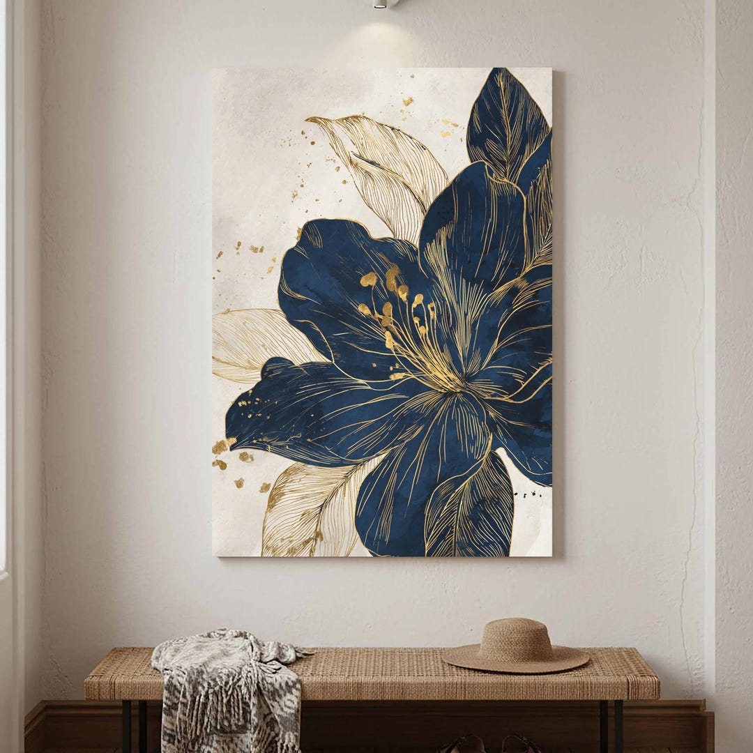 Navy Blue Floral Wall Art - Botanical Canvas Print Gold Accents - Etsy
