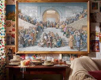 May include: A framed print of a painting depicting a crowded interior scene with people gathered on large stone steps under a grand archway, featuring muted blue and earth tones, displayed in a gold-colored frame on a wall with collage art.