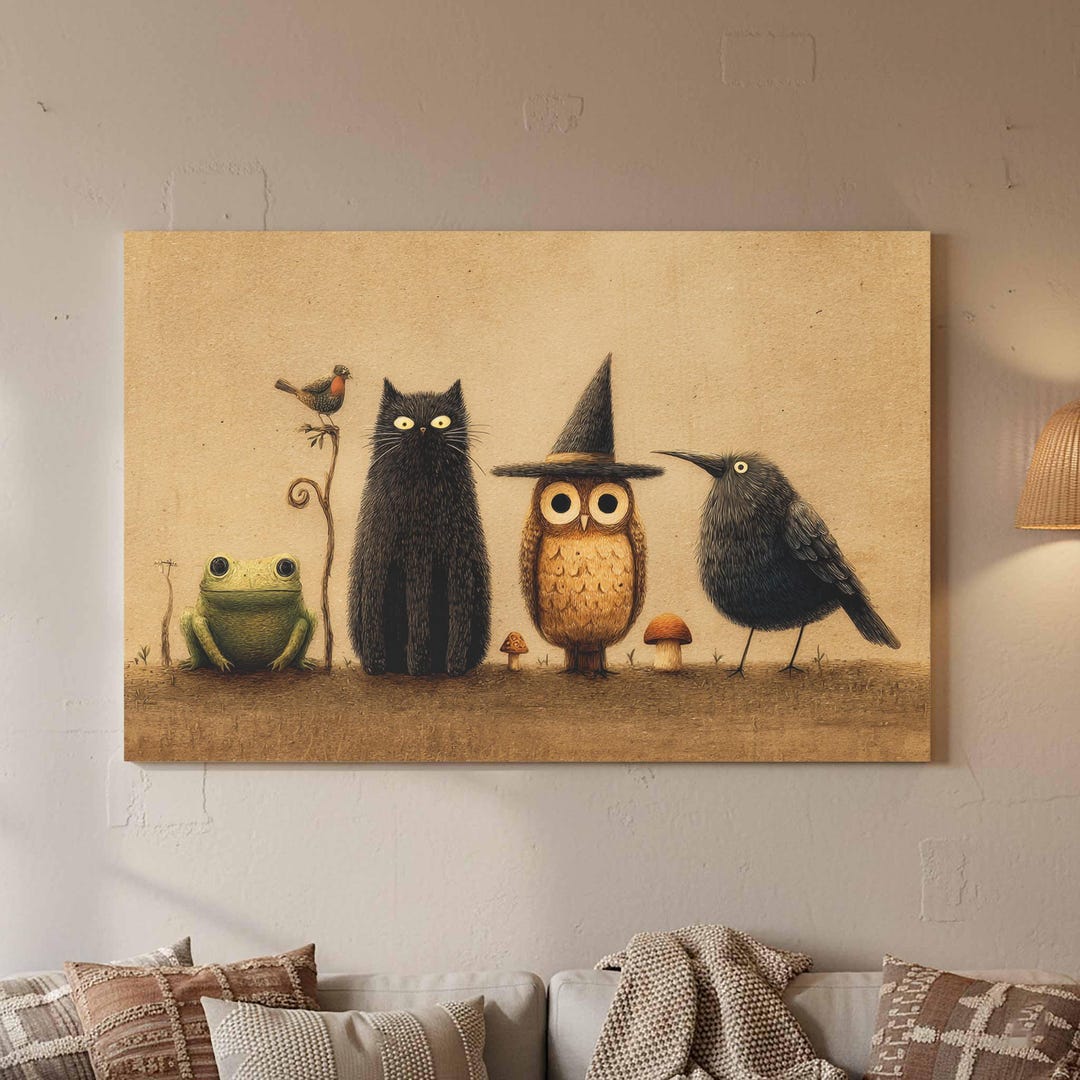 Witch Familiars Canvas Print - Black Cat Owl Raven Toad Art - Etsy