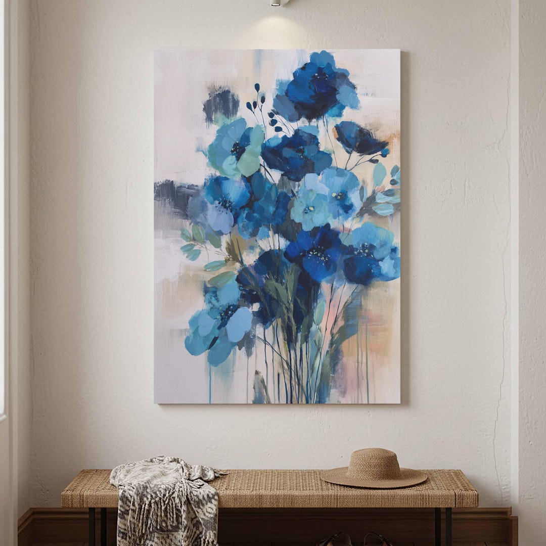 Abstract Blue Floral Wall Art - Modern Canvas Print Decor - Etsy