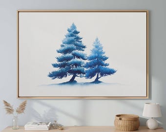 Blue Pine Tree Watercolor Print - Winter Forest Wall Art