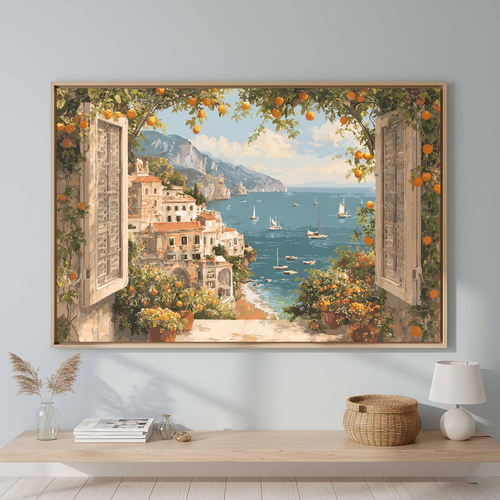 Mediterranean Coastal Window View Wall Art - Blue Sea Village Print - Etsy