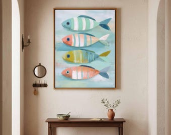 Coastal Fish Folk Art Wall Print - Striped Coral Teal Decor