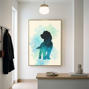 Cavapoo Dog Silhouette Wall Art - Watercolor Blue Green Print
