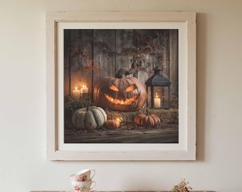 Halloween Jack O Lantern Canvas Wall Art - Rustic Pumpkin Print