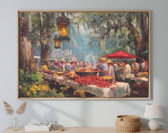 May include: An oil painting in a wooden frame depicting an outdoor crawfish boil scene under large trees with hanging lanterns. People in hats stand around long tables covered in white cloths, with piles of red crawfish and large cooking pots.