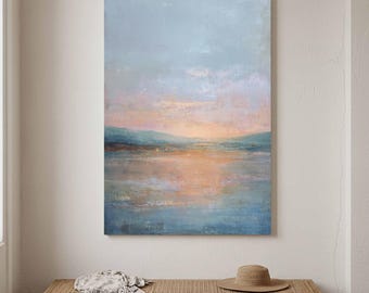 Abstract Sunset Landscape Canvas Art - Soft Blue Peach Wall Print