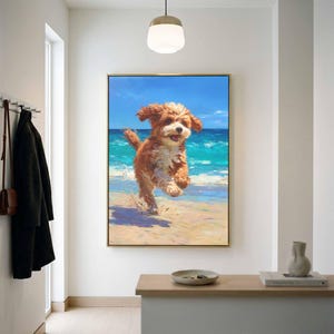May include: A vertical rectangular oil painting featuring a fluffy brown and white dog running along a sandy beach. The background displays a vibrant turquoise ocean under a clear blue sky, rendered with visible, textured brushstrokes.