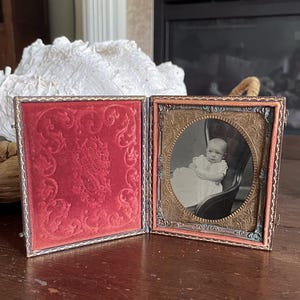 CUTEST BABY Seated in Fancy Velvet Chair Tin Type in full Union Case like Gutta Percha Antique Old Vintage Civil War Era Tintype