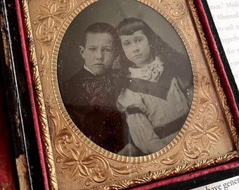 Outstanding Brother and Sister Tintype housed in Full Case Antique like Gutta Percha Old Vintage Pre Civil War Era 1/6 Plate Unusual Pose