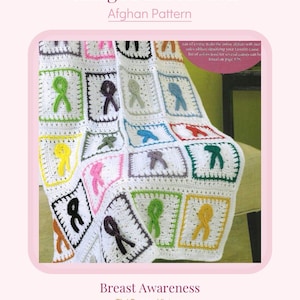 May include: A white crocheted afghan blanket featuring a grid of square blocks, each containing a raised awareness ribbon in various colors including lime green, yellow, pink, black, blue, and purple, with text reading Vintage Pink Ribbon.
