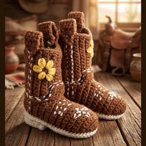 Peut inclure: Une paire de bottes en crochet marron avec une hauteur mi-mollet, des tirettes sur le dessus et une épaisse semelle blanche. Les bottes sont ornées de fleurs en laine jaune sur les côtés et de détails cousus blancs sur la tige et le bout.