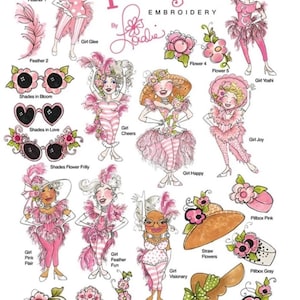 May include: A collection of Loralie Designs Flamingirls embroidery illustrations featuring various characters in pink outfits, floral motifs, feathers, and decorative sunglasses, all labeled with text including Flamingirls and Loralie Designs.