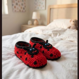 Puede incluir: Un par de zapatillas de ganchillo rojas y negras con diseño de mariquita. Cada zapatilla presenta un borde negro, puntos negros y una cara de mariquita en la punta con ojos azules y una sonrisa roja. Tejido de lana gruesa y texturizada.