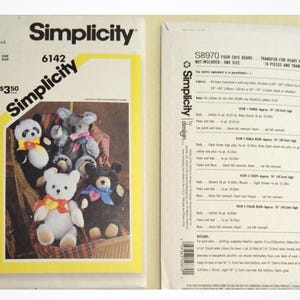 May include: A Simplicity 6142 sewing pattern envelope for four bears, including a panda, koala, teddy, and polar bear. The front shows the finished plush bears with ribbons, while the back lists fabric requirements and instructions in inches.