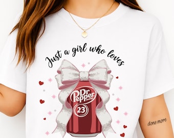 just a Girl Who Loves Dr Pepper SVG PNG, Cute Maroon Soda Can with Pink Bow Clipart, Retro Dr Pepper Sublimation Design, Drink Lovers