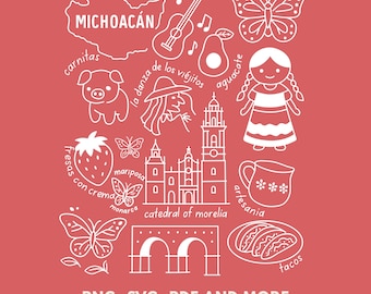 Michoacán Mexico SVG PNG, Cultural Icons Clipart | Acueducto, La Danza de los Viejitos, Aguacate, Catedral, Artesanía Sublimation File