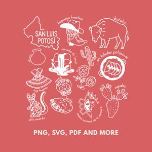 May include: A red graphic featuring white line drawings of San Luis Potosí, Mexico icons. Includes a map outline, cowboy boots, a buffalo, waterfalls, cactus, and the text "SAN LUIS POTOSÍ". The bottom text reads "PNG, SVG, PDF AND MORE".